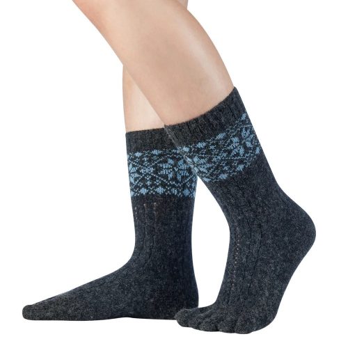 Knitido Merino Cashmere Snowflakes socks anthracite light blue left side on foot