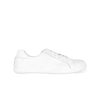 White Angles Fashion Linos leather sneakers. Sneakers are all white and made of Italian leather with rubber soles. Shoes are ankle height and have subtle sneaker stitching and detailing. Right shoe is shown here facing right against a white background. #color_white