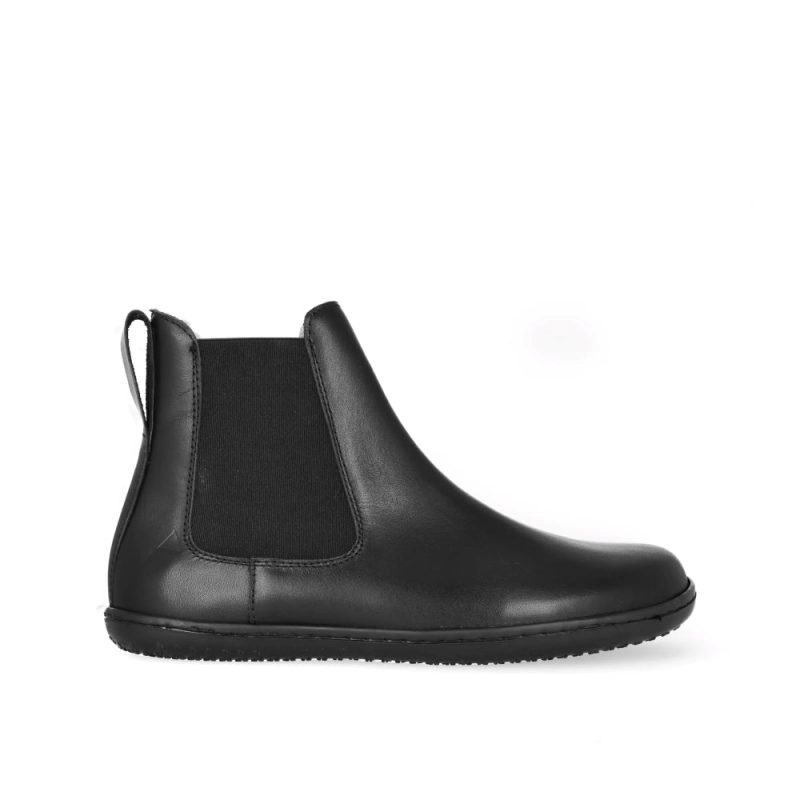 Black smooth leather Angles Nyx Chelsea boot. Boots are simple in design with a long pull tab attached to the heel. Right shoe is shown facing right against a white background. #color_black