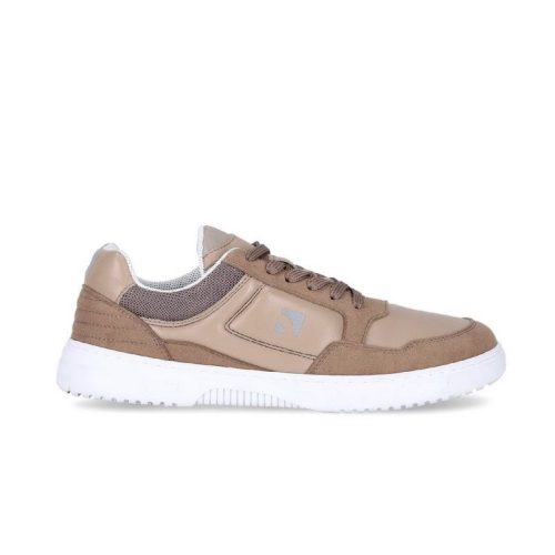 a brown sneaker with a white sole shown from the right side on a white background #color_brown-white