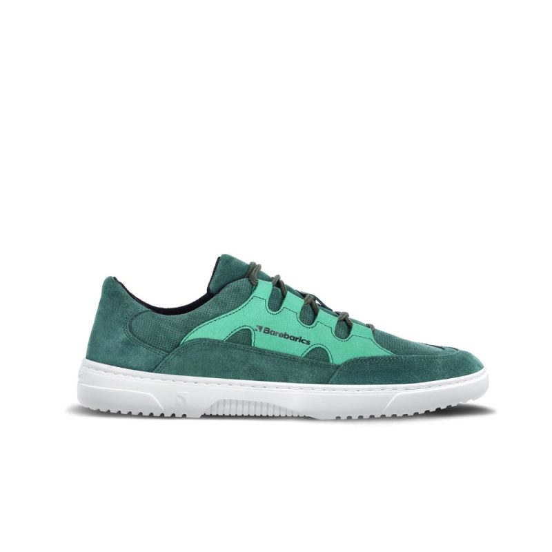 Photo 1 - A photo Barebarics Evo chunky leather sneaker in dark green with teal color blocks. Right shoe is shown from the right side against a white background. Photo 2 - Both shoes are shown from the top down against a white background. #color_dark-green-white