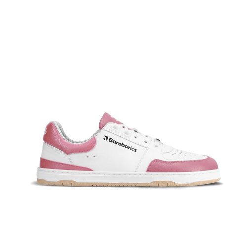 A photo of Barebarics Wave white & bubblegum pink classic sneaker. Shoes are white with a pink toeguard, tongue, heel guard, and at the ankle opening. Toe box is perforated and the sole is white with tan tread. Barebarics brand name is written on the side. Right sneaker is shown here facing right against a white background. #color_white-bubblegum-pink