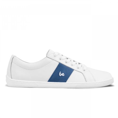 White leather Be Lenka Elite shoes with a thick, perforated, diagonal, blue leather stripe on both sides of the sneaker. A cursive, metal 