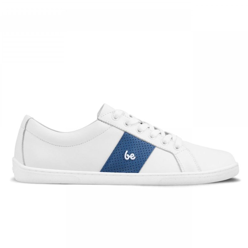 White leather Be Lenka Elite shoes with a thick, perforated, diagonal, blue leather stripe on both sides of the sneaker. A cursive, metal "be"  logo design is in the center of the outside stripe. Right shoe is facing right against a white background. #color_white-dark-blue