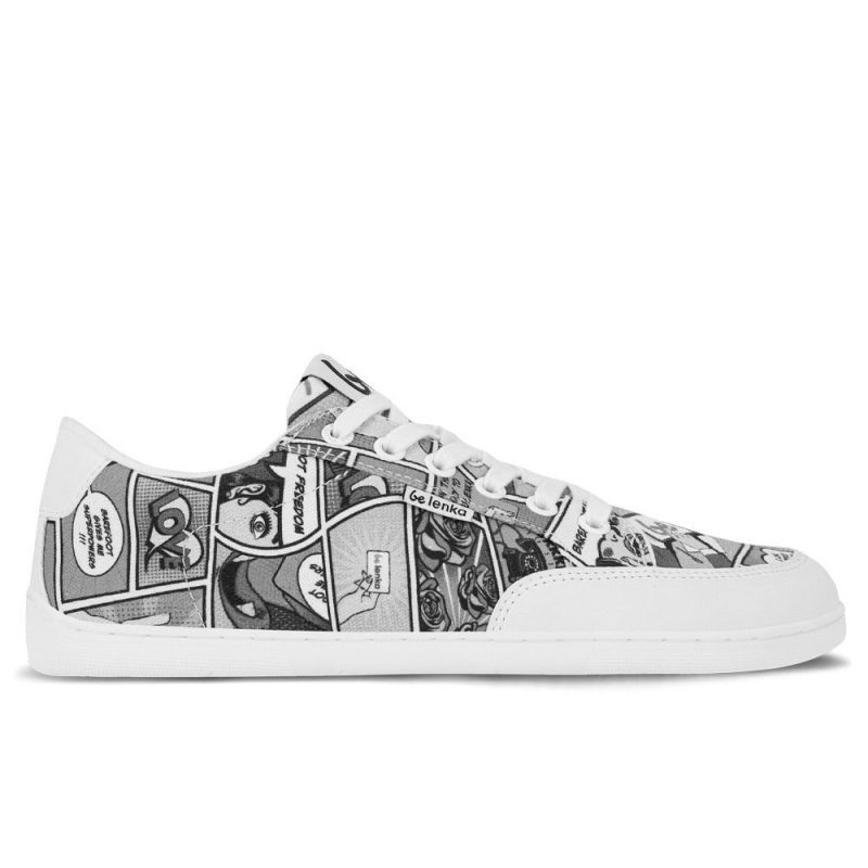 Black & white comic book print Be Lenka Rebound sneakers with white laces, microfiber toe guards, heel accents, and rubber soles. Right shoe is facing right against a white background. #color_comics