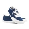 Dark Blue Be Lenka Rebound sneakers with white laces, microfiber toe guards, heel accents, and rubber soles. Left shoe is facing right with the right shoe heel resting on it facing diagonally right against a white background. #color_dark-blue-white