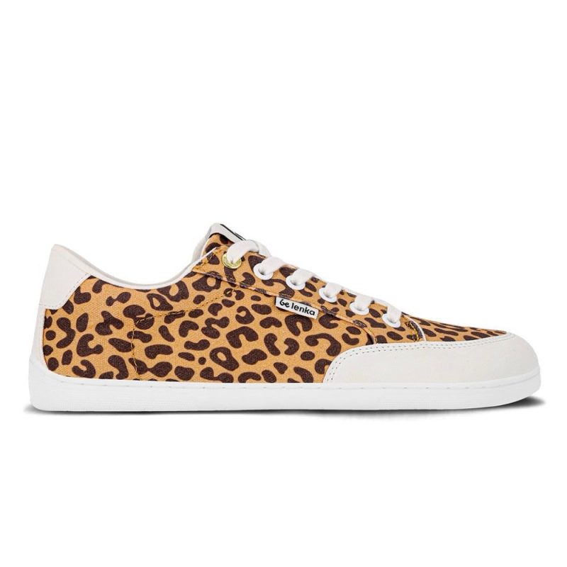 Leopard print Be Lenka Rebound sneakers with white laces, microfiber toe guards, heel accents, and rubber soles. Right shoe is facing right against a white background. #color_leopard