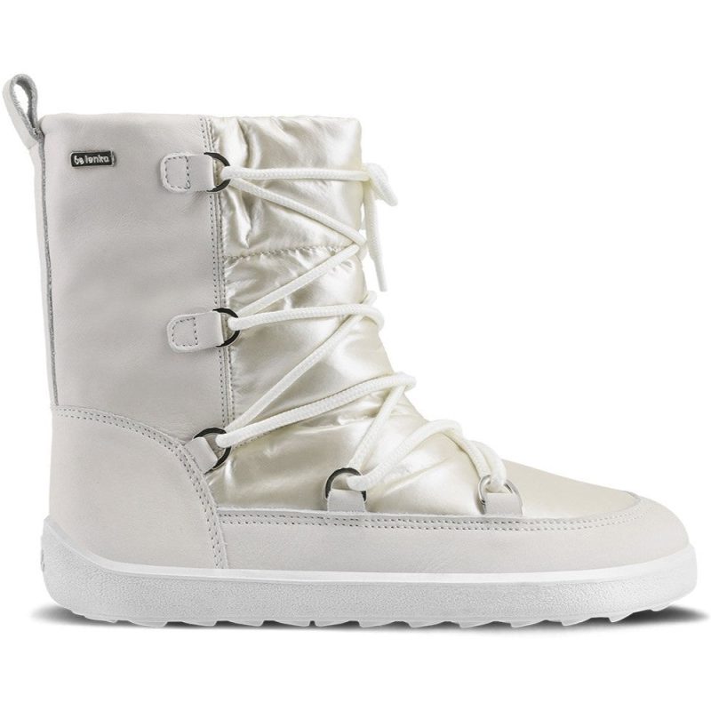 A photo of Be Lenka Adult Snowfox boots in Pearl White. Pearl white leather goes around the back with pearly white satin over the top and front, and white soles. Laces are widely connected from side to side starting at the ball of the foot and going until the top of the boot. Right shoe is shown from the right side against a white background. #color_pearl-white