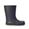 Blue Koel Kids 100% Natural Rubber Rain Boot with yellow soles. Right boot is facing right against a white background. #color_blue