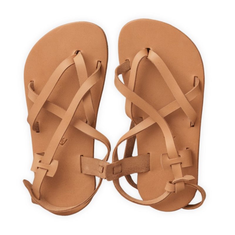 A brown leather strappy sandal shown from above on a white background. #color_tan