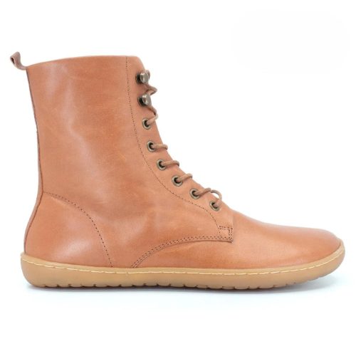 Light Brown, leather, flannel-lined Mukishoes Alentejo combat-style, lace-up boots. Right shoe is shown here facing right against a white background. #color_light-brown