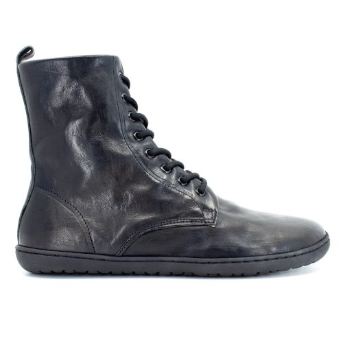 Black, leather, wool-lined Mukishoes Igneous combat-style, zip-up boots. Right shoe is shown here facing right against a white background. #color_black