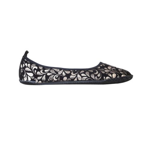 Black leather Peerko Petite flats with a silver paisley design and rubber soles. Shoes are simple in design with a small pull tab at the top of the heel. Right shoe is shown facing right against a white background. #color_lumina-silver