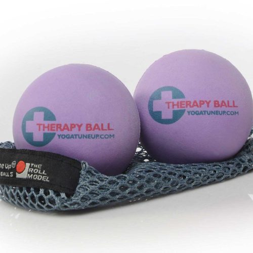 A photo of Tune Up therapy balls made from rubber. The therapy balls are a light purple color with therapy ball written on one side and yoga tune up on the other. Both balls are shown sitting on a gray mesh bag against a white background.