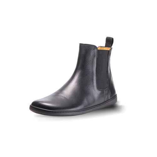 Smooth black leather Zaqq Equity unlined Chelsea boots. Lining is a camel color. A pull tab is present at the back of the boot opening. Left shoe is shown here facing diagonally to the left against a white background. #color_black