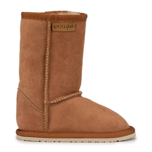 A photo of kids Zeezoo dingo boots made with suede lined with sheepskin and rubber soles. The boots are light brown in color and they go around the mid calf. The right boot is shown from the right side against a white background. #color_chestnut